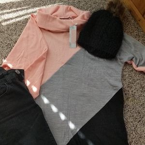 Cowl Neck, Colorblock, Lightweight Sweater